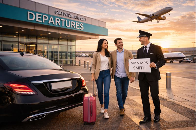 Chauffeur welcomes couple at Gatwick
